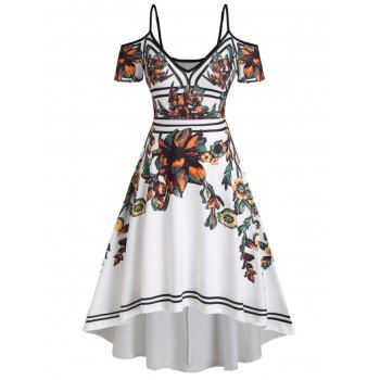 

Cold Shoulder Baroque Flower Print Cutout High Low Midi Dress, White