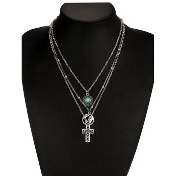 

Cross Map Faux Turquoise Layered Pendant Necklace, Silver