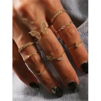 

8 Pcs Butterfly Floral Rhinestone Alloy Ring Set, Golden