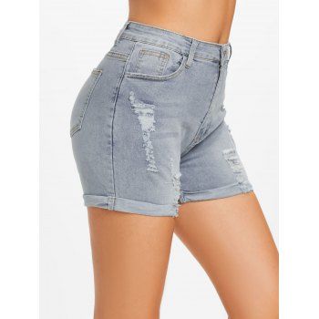 

Ripped Cuffed Hem Jean Denim Shorts, Light blue