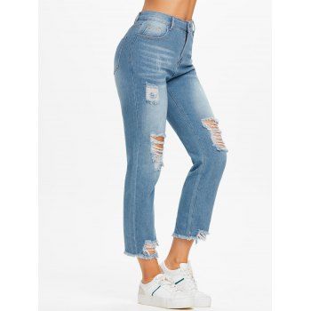 

Destroyed Frayed Hem Pockets Light Wash Jeans, Blue