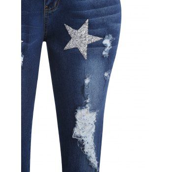 Rhinestone Star Ripped Slit Hem Skinny Jeans