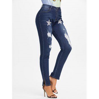 

Rhinestone Star Ripped Slit Hem Skinny Jeans, Blue