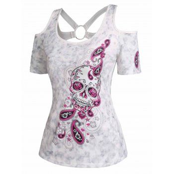 

Floral Paisley Skull Print Tie Dye Cold Shoulder O Ring Short Sleeve Tee, White