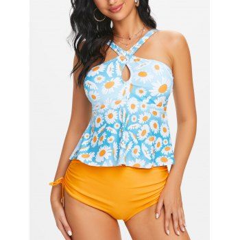

Daisy Flower Criss Cross Keyhole Cinched Peplum Tankini Swimwear, Light blue