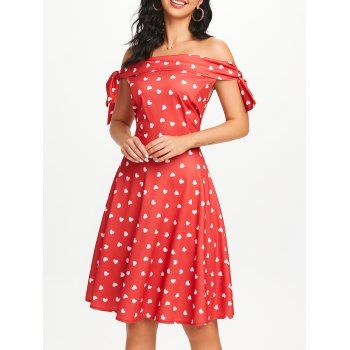 

Off Shoulder Heart Print Knotted Dress, Red