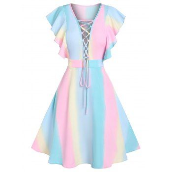 

Ombre Lace Up Ruffled Armhole Dress, Multicolor