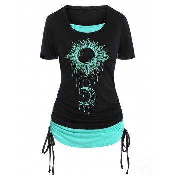 Plus Size T Shirt Celestial Sun Moon Butterfly Print Cinched Ruched 2 In 1 Tee