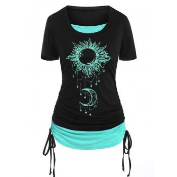 

Plus Size T Shirt Celestial Sun Moon Print Cinched Ruched 2 In 1 Tee, Black