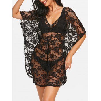 

Floral Lace See Thru Tunic Beach Cover Up, Black