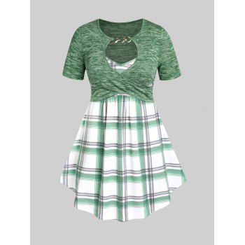 

Plus Size & Curve Keyhole Crossover Plaid 2 in 1 Tee, Green