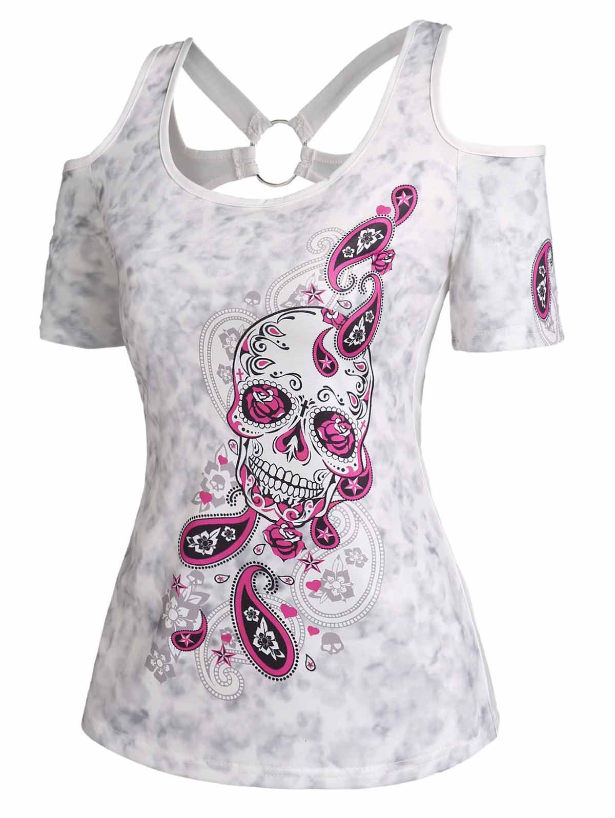 Floral Paisley Skull Print Tie Dye Cold Shoulder O Ring Short Sleeve Tee - WHITE L