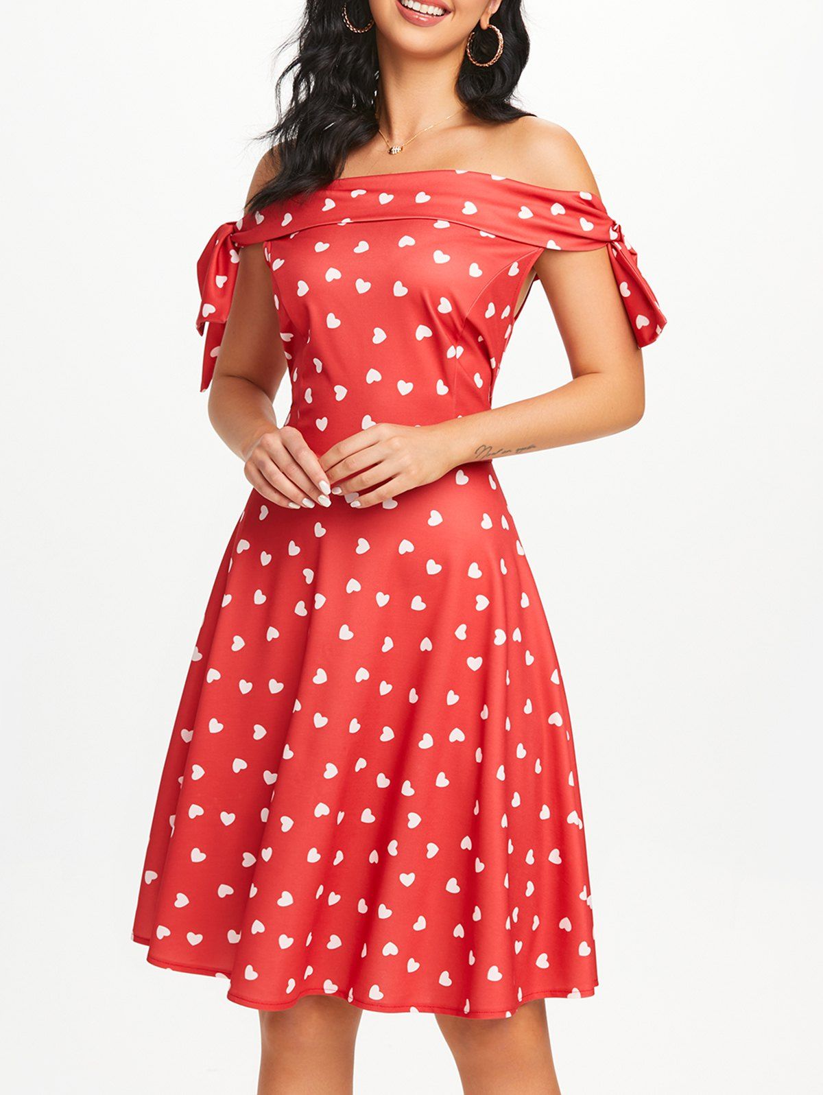 Off Shoulder Heart Print Knotted Dress - RED M
