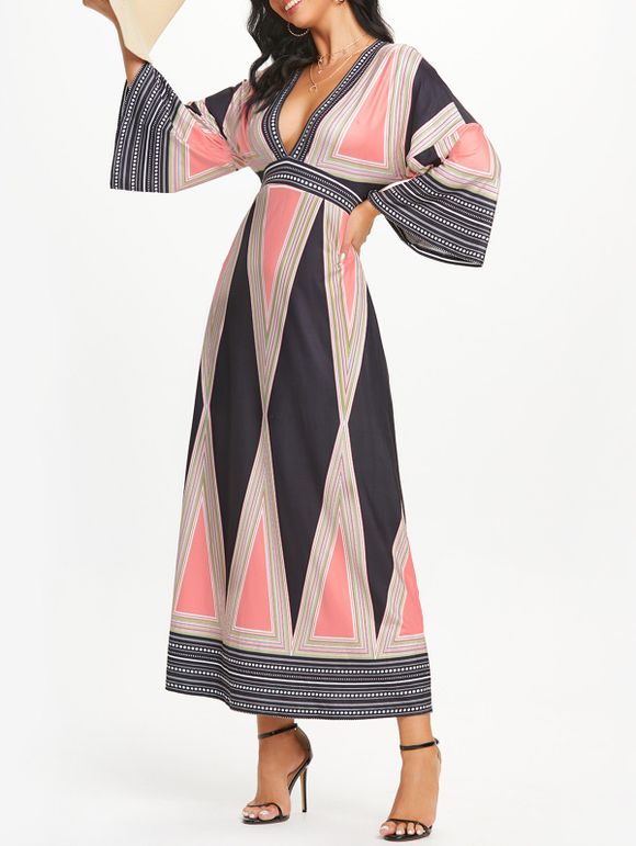 Bohemian Geometric Striped Print Maxi Dress Plunge Flare Sleeve High Waist Long Dress - BLACK XL