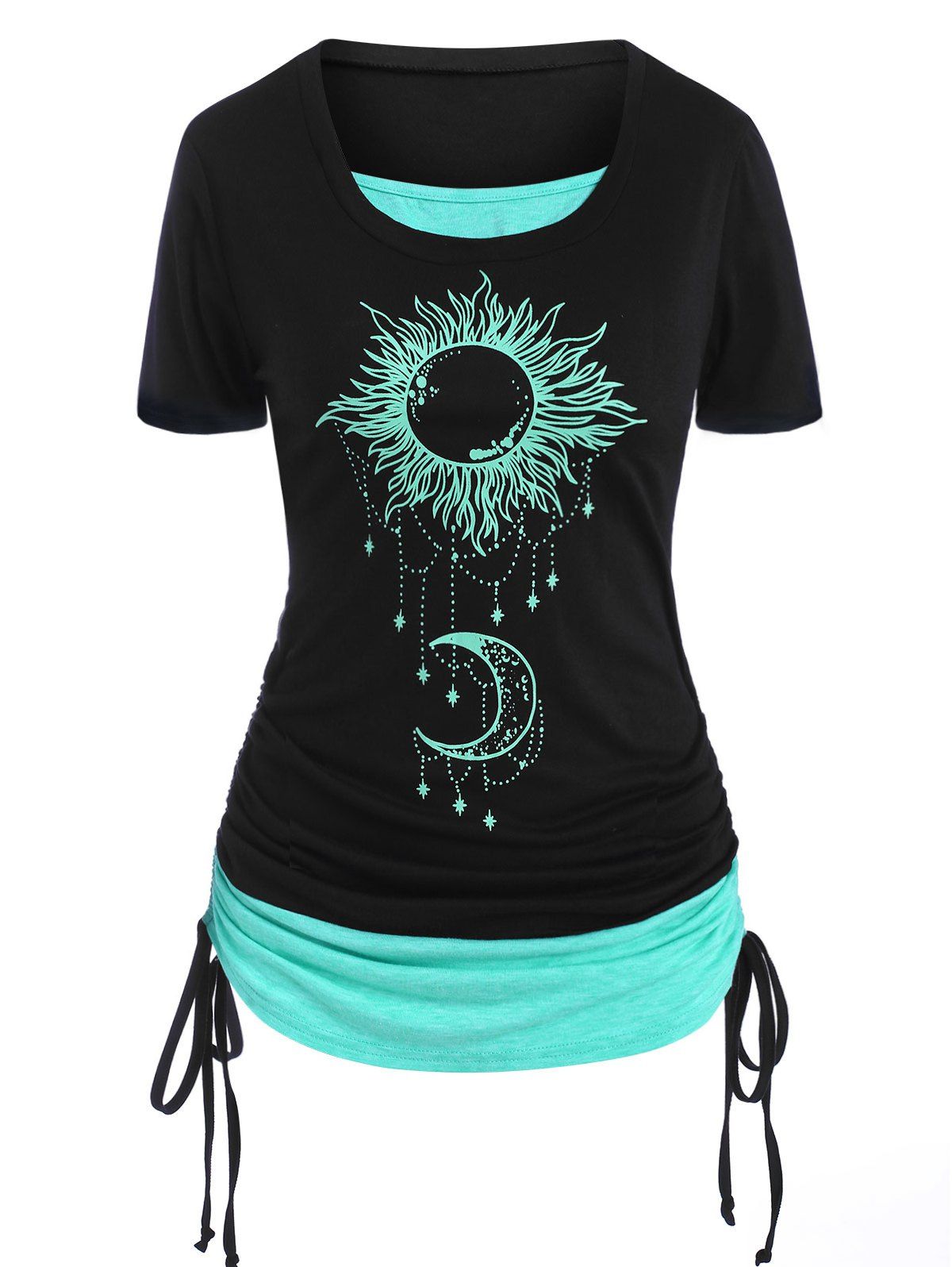 T-shirt à Imprimé Etoile Lune et Soleil 2 en 1 - Noir 5X