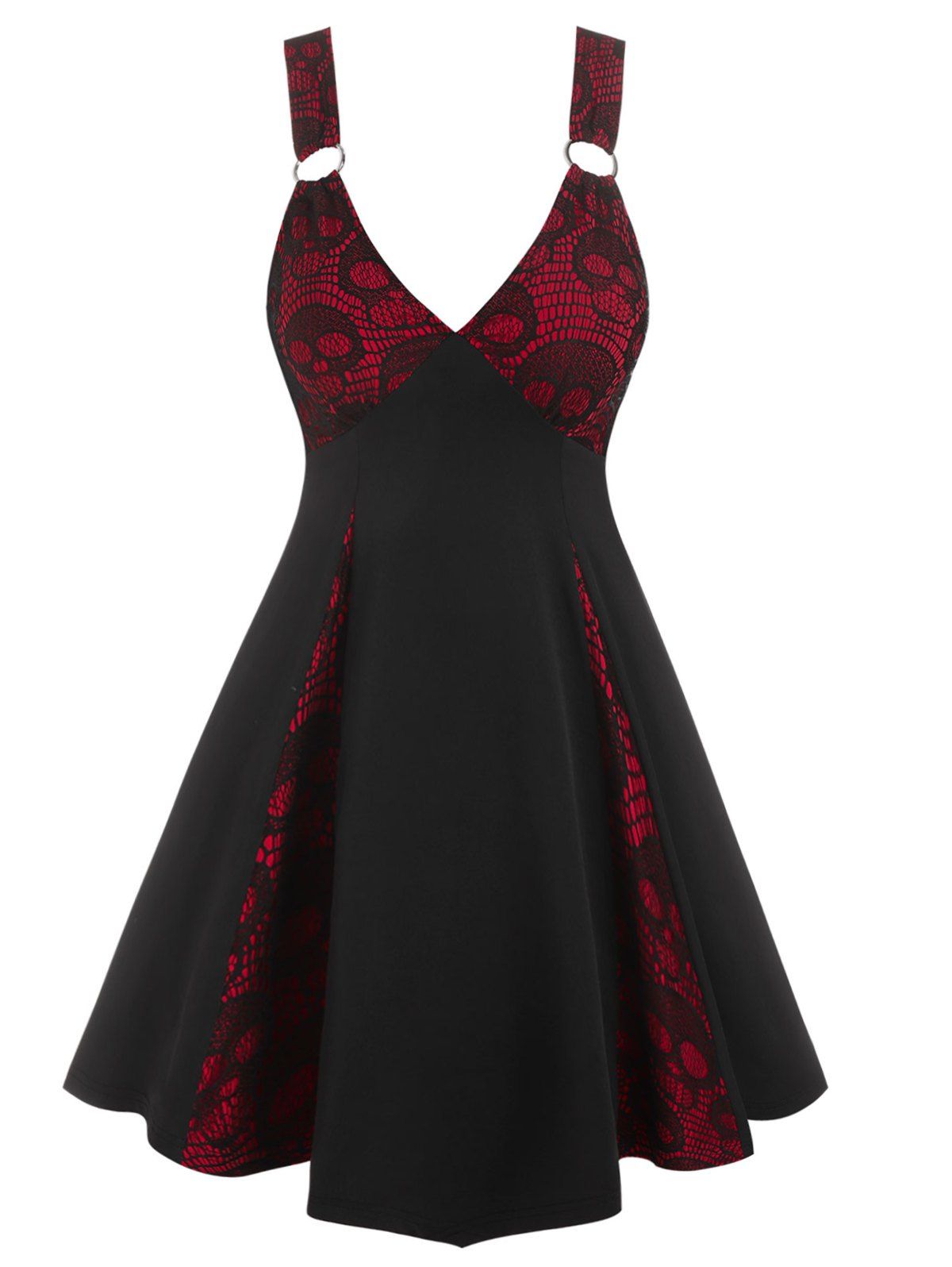 Gothic Dress Skull Lace Mini Dress Plunging Neck O Ring Mini Dress Sleeveless Godet Dress - RED L