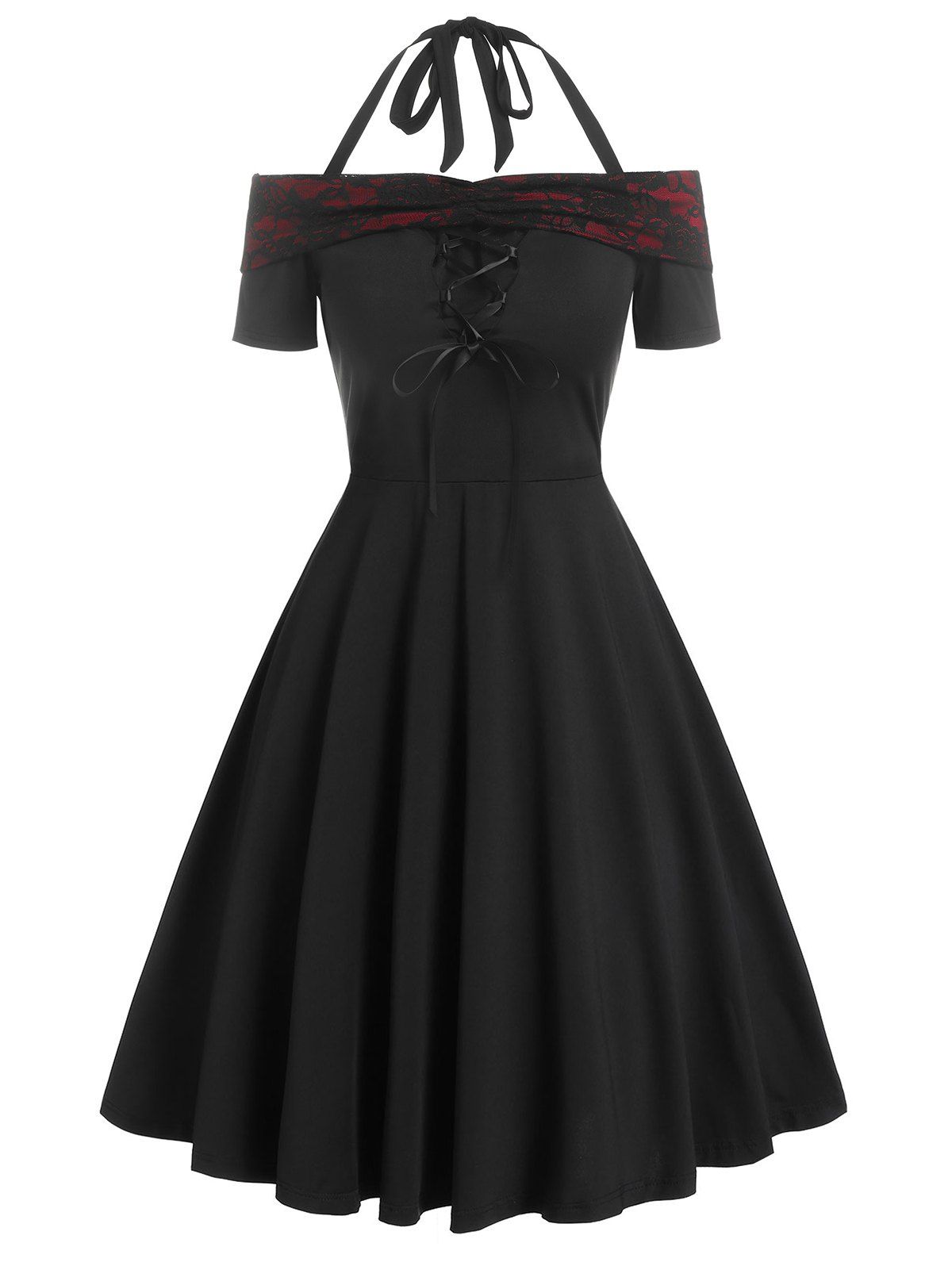 Gothic Off The Shoulder Lace Up Halter Short Sleeve Dress - BLACK L