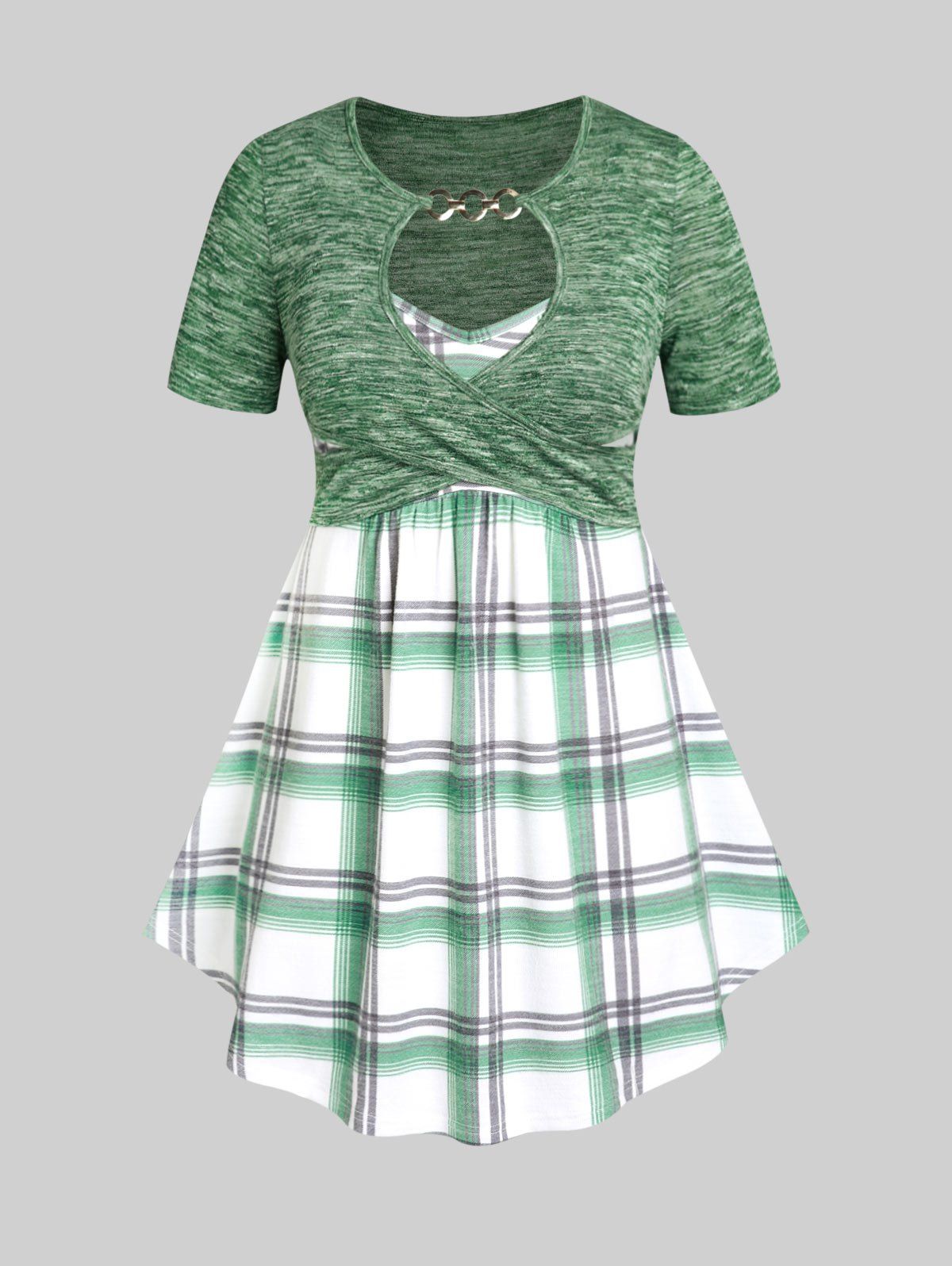 Plus Size & Curve Keyhole Crossover Plaid 2 in 1 Tee - GREEN 4X | US 26-28