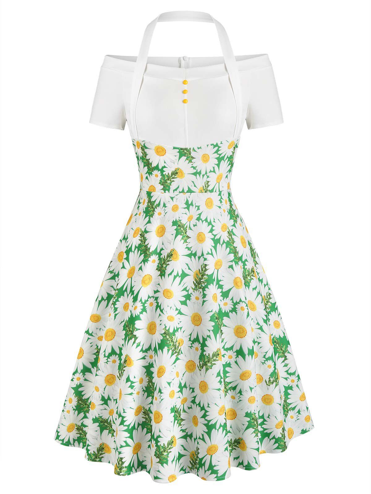 Daisy Floral Halter Off Shoulder A Line Dress - WHITE S
