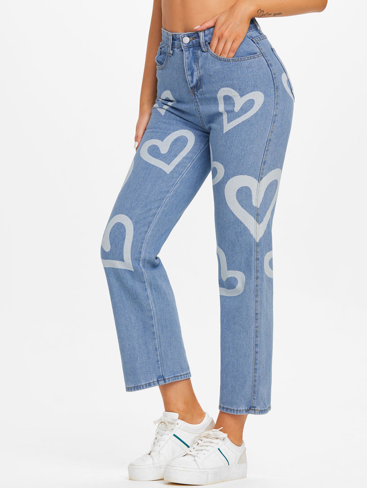 Straight Heart Print Boyfriend Jeans - LIGHT BLUE XL