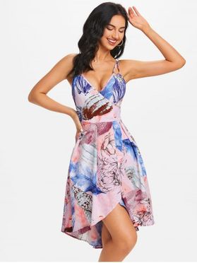 Leaves Flowers Print High Low Surplice Dress