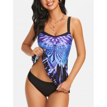 

Modest Print Tankini Swimsuit Cheeky Skirted Swimwear Set, Blue