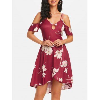 

Summer Vacation Keyhole Cold Shoulder Floral Print High Low Midi Dress, Deep red