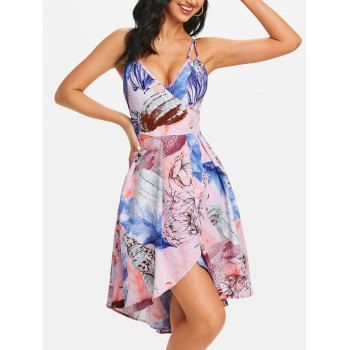 

Leaves Flowers Print High Low Surplice Dress, Light pink