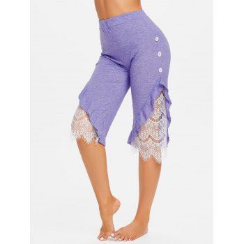 

Lace Insert Mock Button Ruffle Capri Pants, Light purple