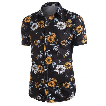 

Allover Floral Printed Button Up Shirt, Black
