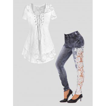 

Lace Up Rose Lace Overlay Blouse And Flower Guipure Jeggings Outfit, Multicolor