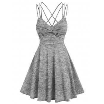 

Space Dye Print Mini Dress Crisscross Back Strappy Dress Front Twisted Casual Dress, Gray