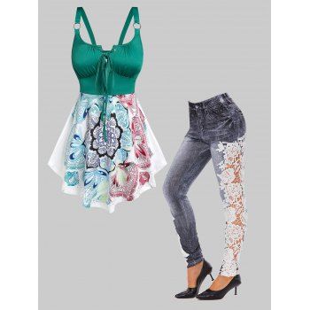 

Bohemian Print O Ring Top and Crochet Applique Jeggings Outfit, Green