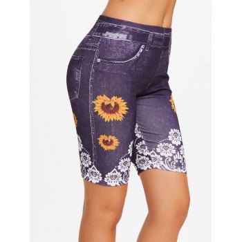 

Sunflower Flower Print Mock Pockets Short Jeggings, Concord