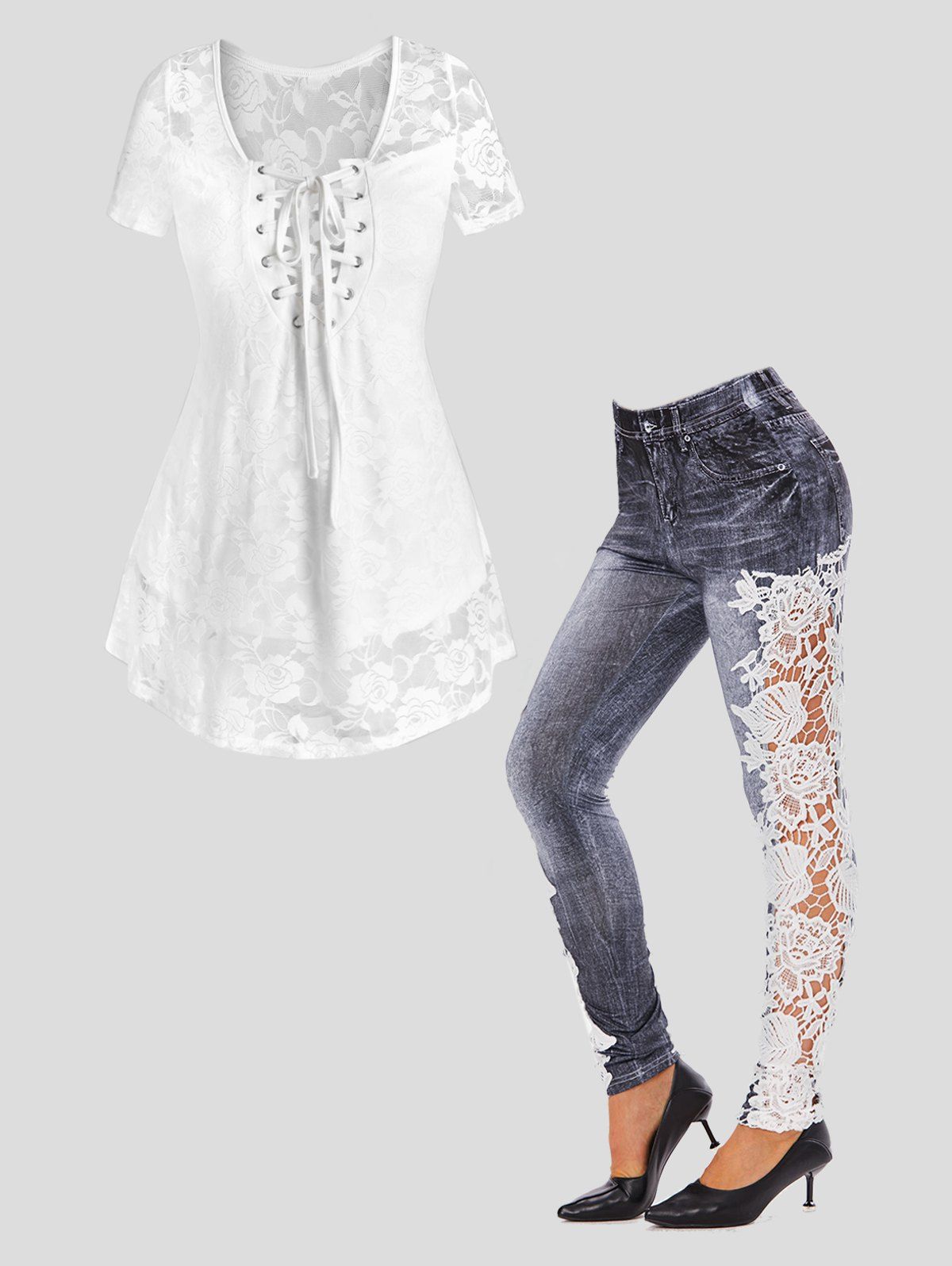 Lace Up Rose Lace Overlay Blouse And Flower Guipure Jeggings Outfit - multicolor S
