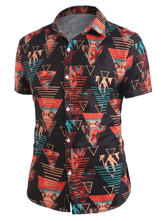 Geometric Print Short Sleeve Shirt - BLACK XXL