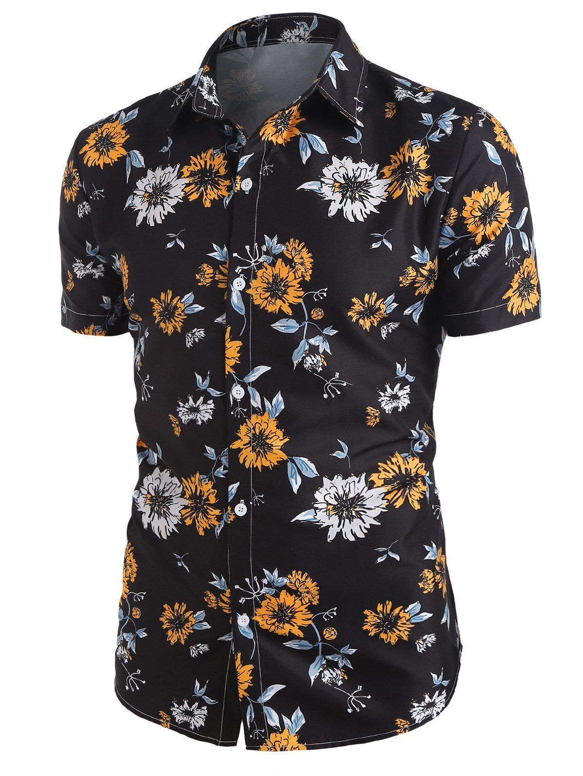 Allover Floral Printed Button Up Shirt - BLACK XXL