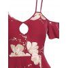 Robe Haute Basse de Vacance d'Eté à Imprimé Fleurie à Epaule Ouverte avec Trou de Serrure - Rouge foncé XXXL
