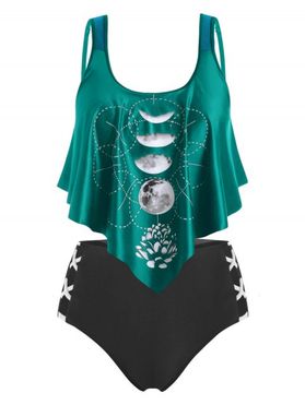 Plus Size Moon Phase Print Ruffle Tankini Swimsuit