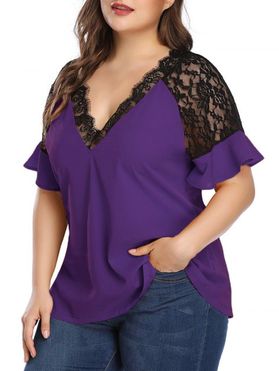 Plus Size T Shirt Solid Color T Shirt Sheer Flower Lace Panel Plunging Neck Tee