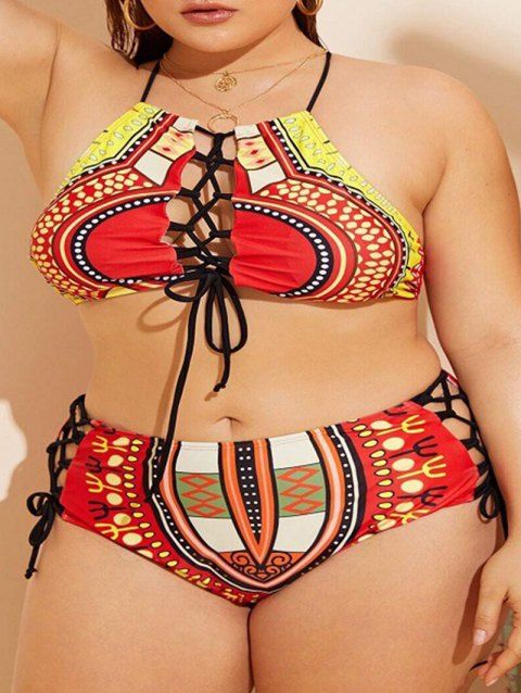 Plus Size Cross Lace Up Tribal Print Bikini Swimwear