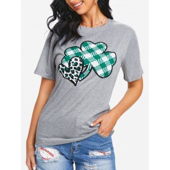

Leopard Heart Plaid Leaf Print T-shirt, Light gray