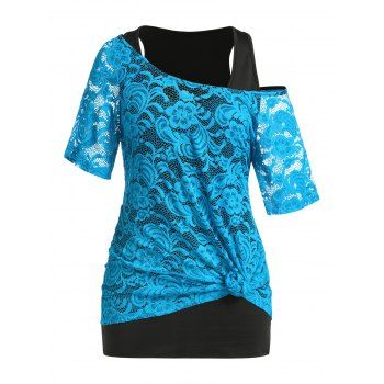 

Plus Size Top Lace See Thru T Shirt and Racerback Tank Top Two Piece Top Set, Blue