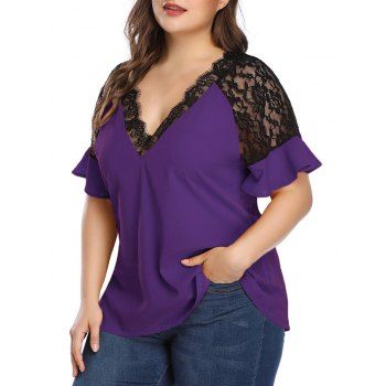 

Plus Size T Shirt Solid Color T Shirt Sheer Flower Lace Panel Plunging Neck Tee, Purple