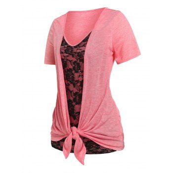 

Plus Size T Shirt Rose Lace Panel Colorblock Draped Faux Twinset Tee, Light pink