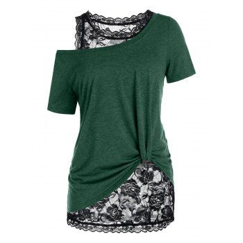 

Plus Size Skew Collar T-shirt and Lace Tank Top Set, Deep green