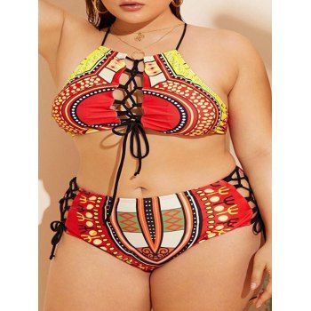 

Plus Size Cross Lace Up Tribal Print Bikini Swimwear, Red