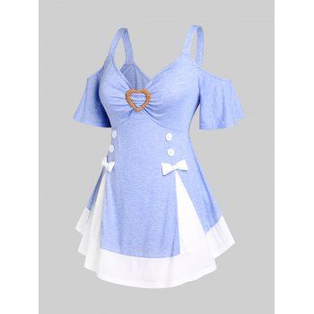 

Plus Size Cold Shoulder Bowknot Colorblock Heart Ring Tee, Purple