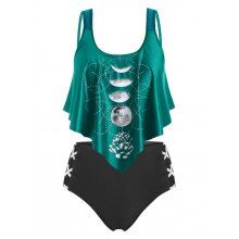 dresslily Plus Size Moon Phase Print Ruffle Tankini Swimsuit