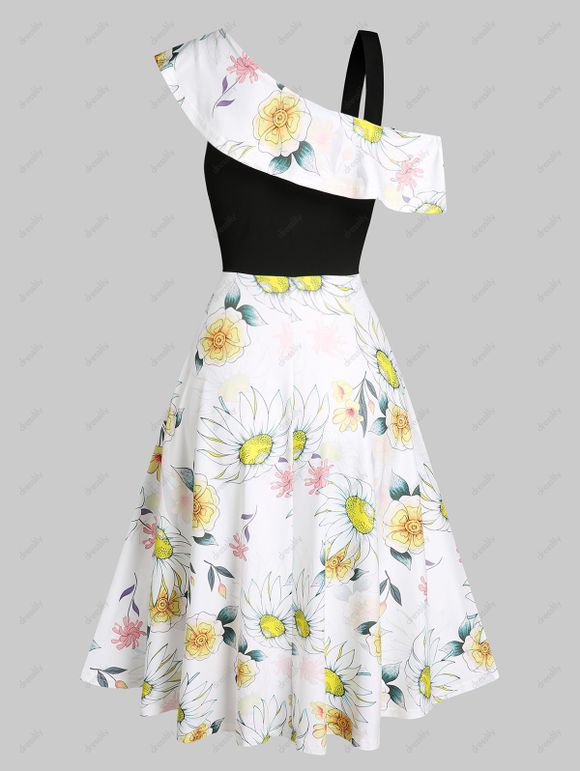 Robe Ligne A Haute Basse Ceinture à Imprimé Tournesol Bague en O de Vacance - Blanc 2XL